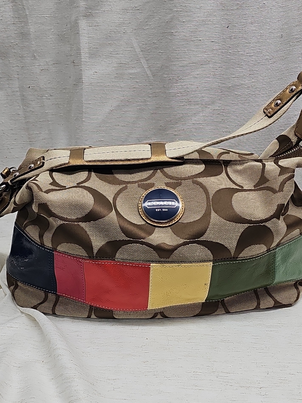 Coach Signature Canvas Shoulder Bag with Multicolor Leather Trim